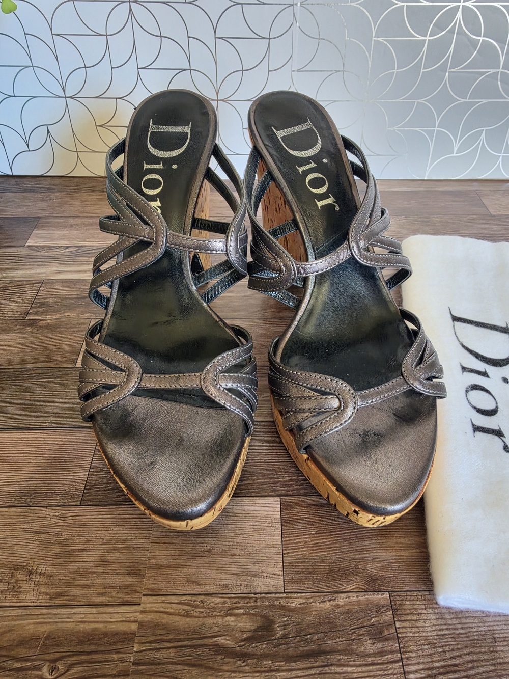 Dior Metallic Gray Strappy Wedge Sandals